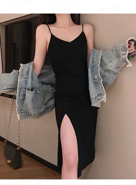 T20轻熟风莫代尔修身侧开叉包臀黑色细带吊带裙内搭打底裙女夏装