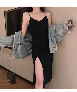 T20轻熟风莫代尔修身 侧开叉包臀黑色细带吊带裙内搭打底裙女夏装