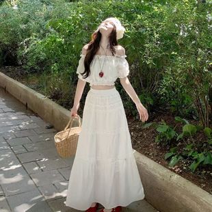 法式度假白色套装女夏季新款一字肩短款上衣半身裙长裙