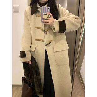牛角扣呢子大衣女冬季2023新款森系赫本风中长款夹棉加厚毛呢外