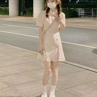 甜美纯欲短袖小个子新中式泡泡袖连衣裙改良旗袍短裙新款女夏