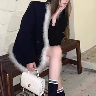 黑色小香风设计感西装外套女秋冬新款名媛小个子毛毛拼接大衣