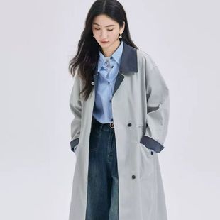 韩系春秋风衣长款外套新款小个子宽松新款撞色休闲中长款