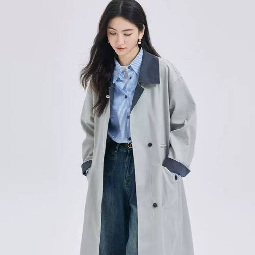 韩系春秋风衣长款外套新款小个子宽松新款撞色休闲中长款