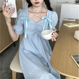裙子女夏季泡泡袖公主裙ins超仙露背蝴蝶结绑带仙女连衣裙