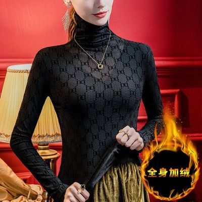 高领字母植绒打底衫女加绒保暖2024冬季新款女装黑色内搭上衣小衫