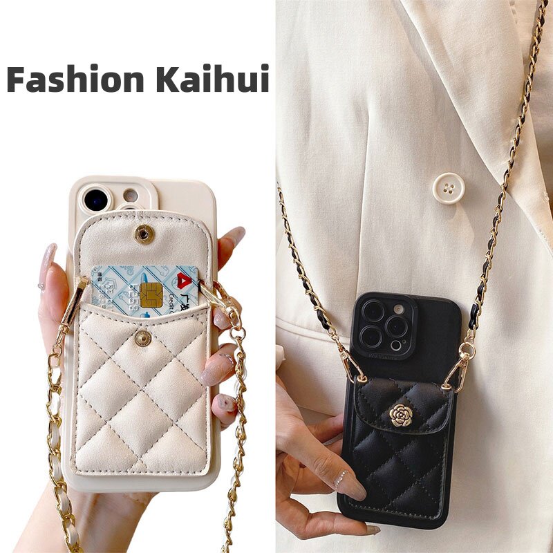 菱格小香风山茶花卡包适用小米17promax手机壳红米note15/14pro+可背带小米13/11T/12Ultra斜挎挂绳civi5/4女