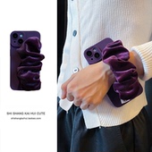 秋冬紫色天鹅丝绒布弹力褶皱腕带适用iphone15手机壳苹果14 13promax松紧大肠圈带12防摔软11高级感xs xr女8p