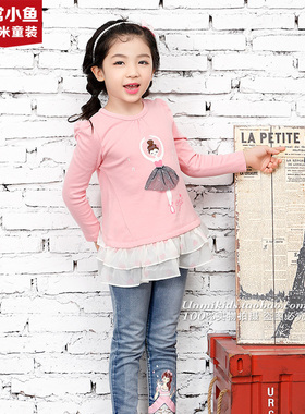 非常小鱼女童秋装26708圆领长袖T恤上衣裙衫宝宝休闲连衣裙