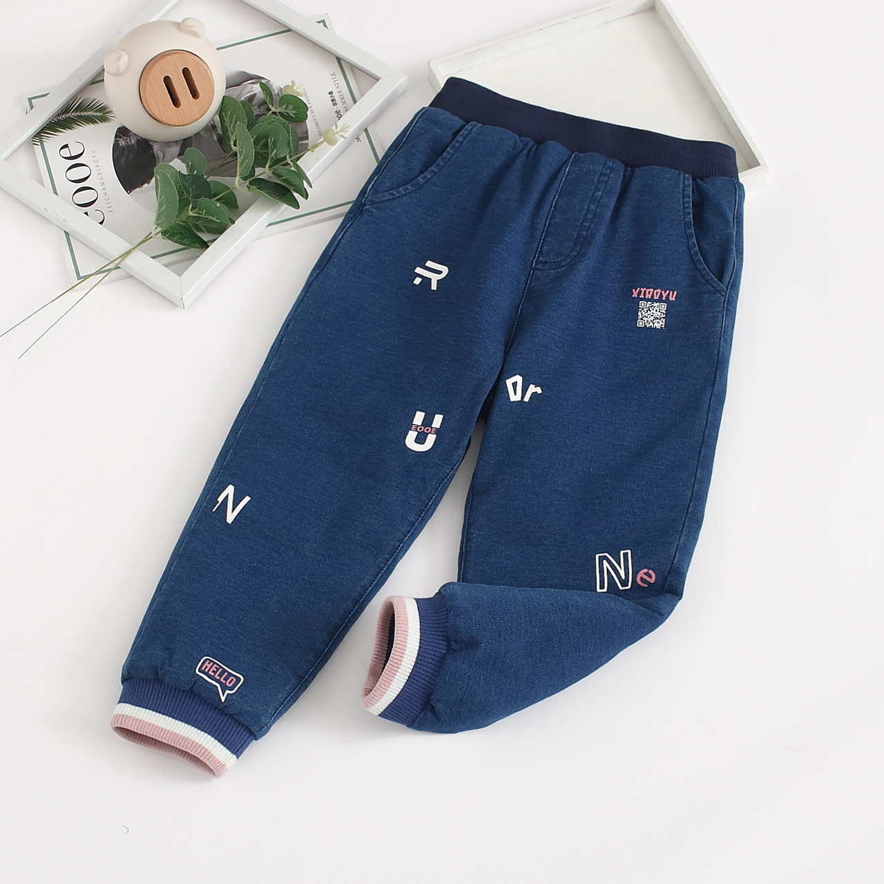 非常小鱼81970新冬装女童针织弹力柔软牛仔休闲夹棉中腰冬季棉裤