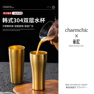 复古做旧304不锈钢锤纹杯双层防烫茶水杯烧烤啤酒饮料杯定制logo