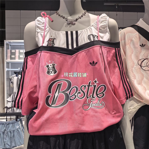 Adidas三叶草26年夏季女子露肩吊带镂空蕾丝短袖T恤KU4756 KU4757