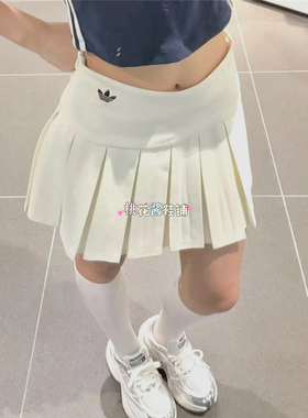 Adidas三叶草26年夏季女黑白百褶裙运动休闲半身裙 KG8257 KG8258