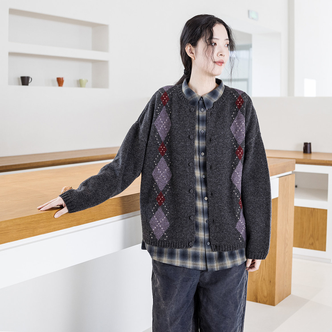 重磅加厚菱形格纯羊毛开衫女宽松休闲圆领针织复古毛衣外套百搭