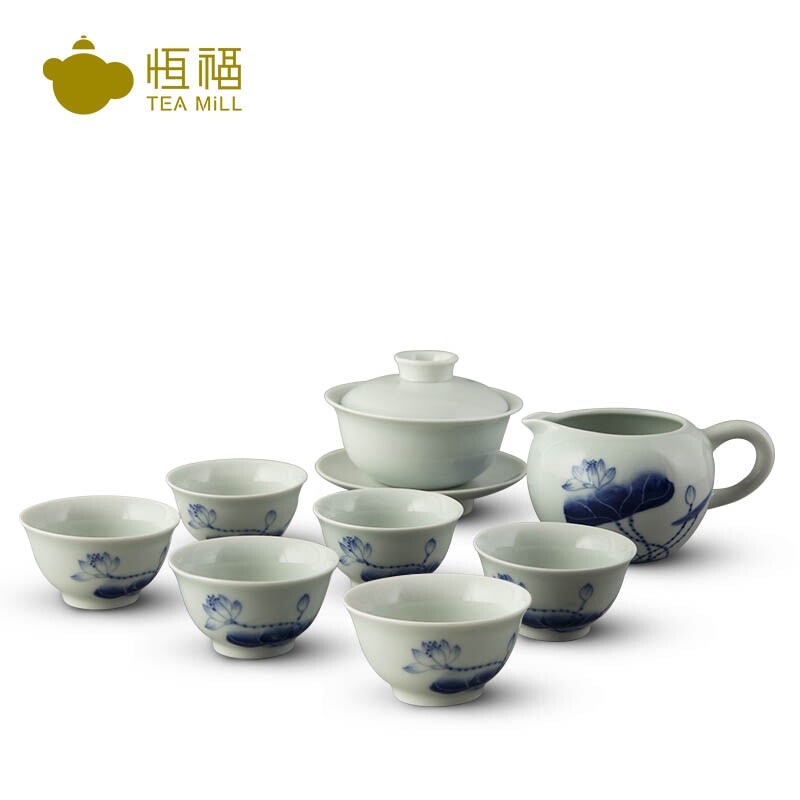 恒福正品功夫茶青花雨荷盖碗半组三才盖碗青瓷茶杯茶碗