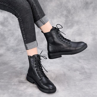 女秋冬季 休闲马丁靴英伦靴子女高腰全牛皮软底短靴 低跟真皮系带款