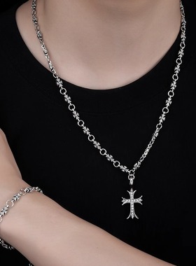 镶钻白金色十字架手链项链男女时尚百搭复古泰银吊坠欧式饰品批发