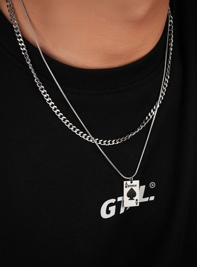 扑克牌黑桃A项链男钛钢 小众个性不锈钢双层古巴项链潮女嘻哈项饰