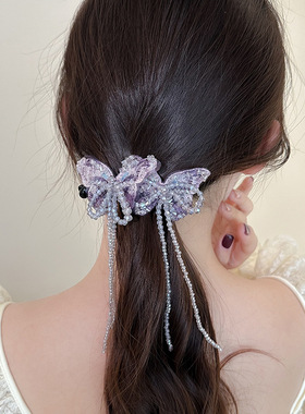 T1116茜子风水晶流苏蝴蝶结扭扭夹女高级感发抓时尚发夹头饰