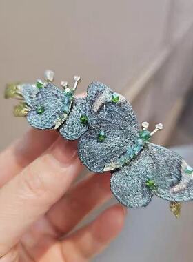 新中式灵动蝶梦刺绣蝴蝶夹蓝绿色调复古轻奢发夹边夹弹簧夹t2030