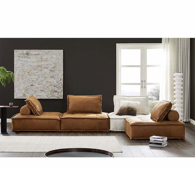 现代简约苯胺真皮头层牛皮北欧创意客厅模块组合三人四人皮艺沙发