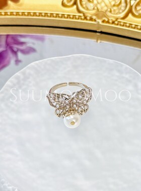 铜合金合成锆石戒指 法式时尚小米珠蝴蝶戒指