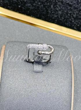 铜合金合成锆石戒指 法式时尚银色间钻马蹄戒指 开口戒
