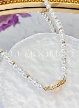 铜合金合成锆石项链 时尚星球环珠珠项链白色百搭简约生日礼物