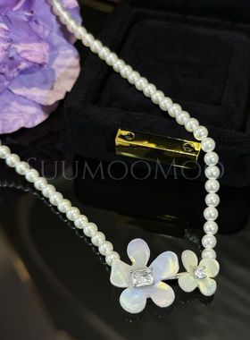 铜合金合成锆石项链 时尚珠珠大花朵项链 设计师款优雅白色轻奢