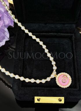 铜合金合成锆石吊坠 轻奢时尚气质百搭珠珠粉色吊坠项链