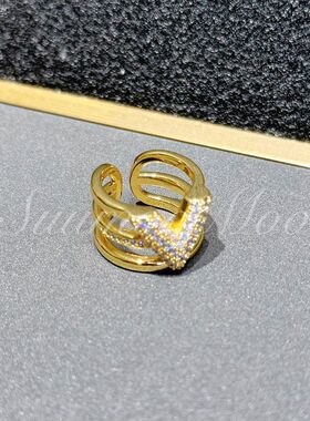 铜合金合成锆石戒指 法式时尚V形戒指