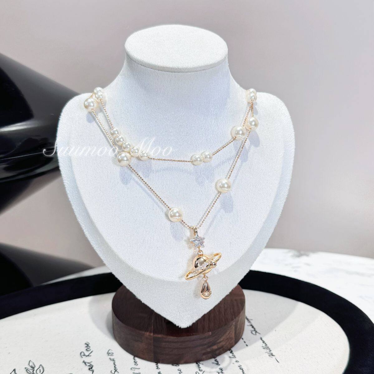 铜合金合成锆石项链 锁骨链时尚设计师款珠珠宇宙星球项链双层链