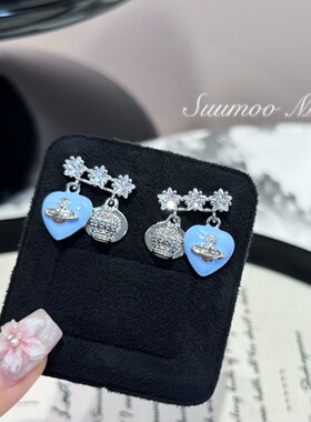 铜合金合成锆石耳饰 法式时尚蓝色星球耳环