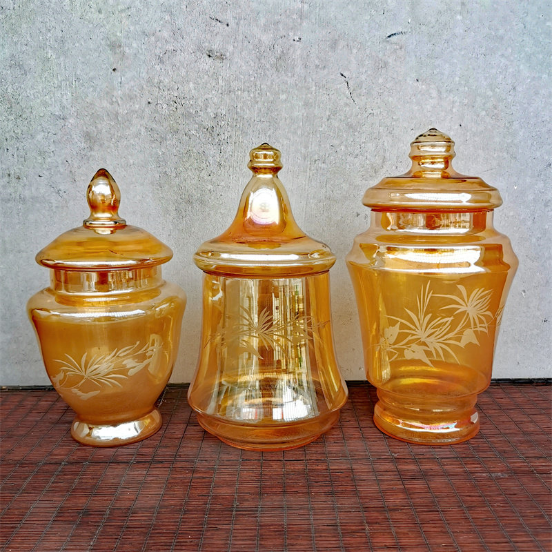 70年代装饰收藏真品老式玻璃花瓶欧式家居怀旧料器摆件金彩琉璃罐