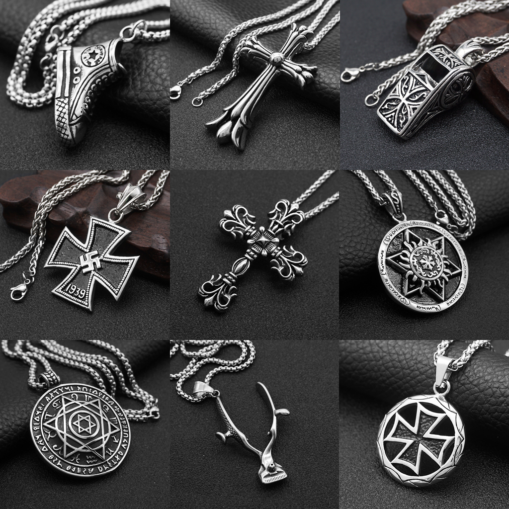 Punk personality hollowed out cross pendant fashion mens street student canvas shoes titanium steel necklace