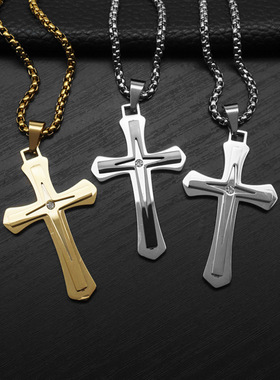 欧美项链朋克十字架吊坠镶钻钛钢