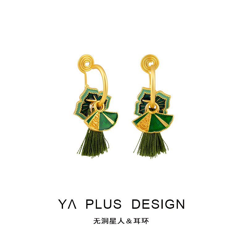 新中式复古绿色流苏耳环时尚个性耳夹
