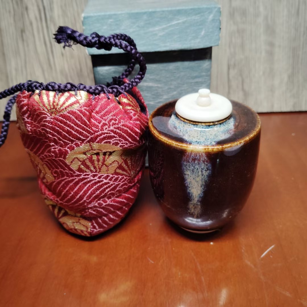 日本濑户烧茶叶罐插入 带仕覆 盖有纹路 茶亦居日本古美术JL-1