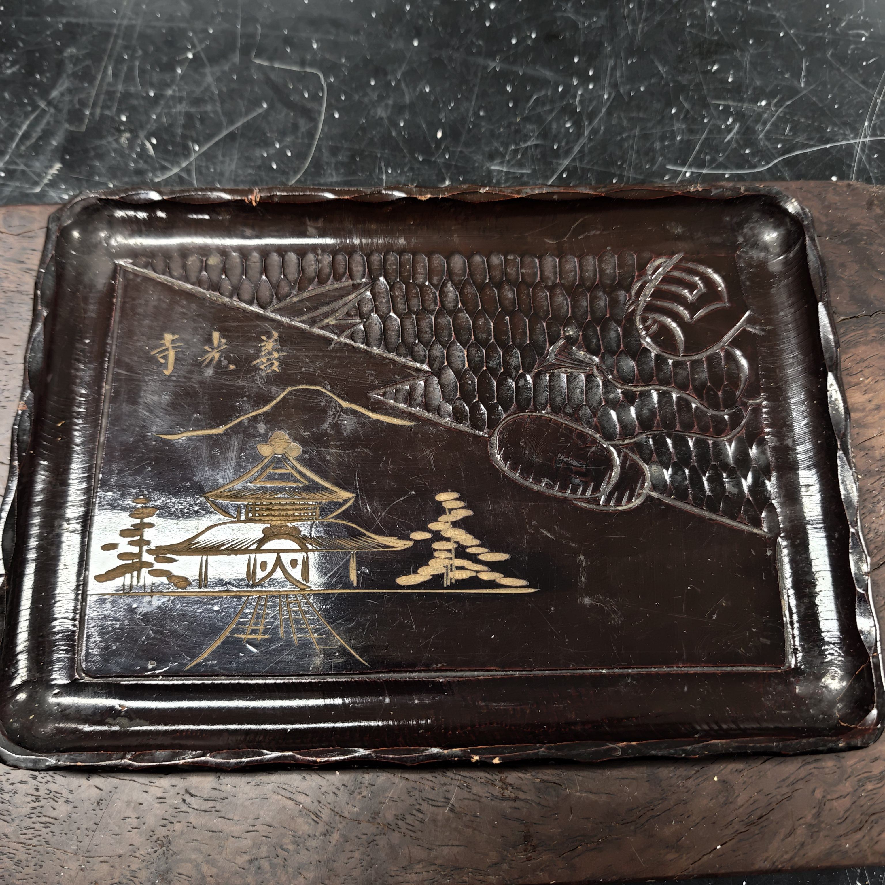 雕刻漆盘老漆盘茶盘 手工雕刻 善光寺 茶亦居日本古美术BJ5