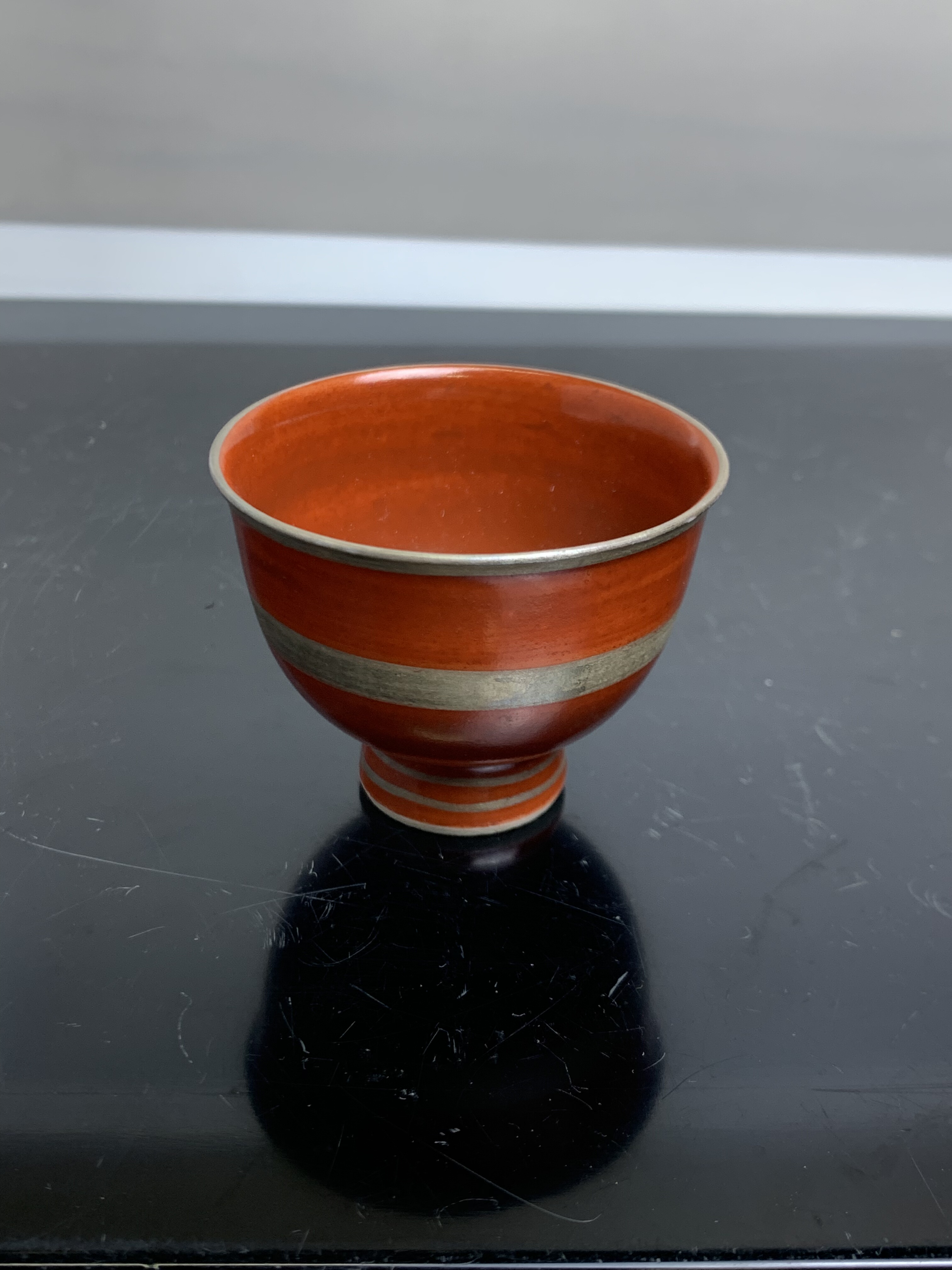 京烧名家 平安春峰 赤地描银寿字小杯茶杯酒杯 茶亦居D13