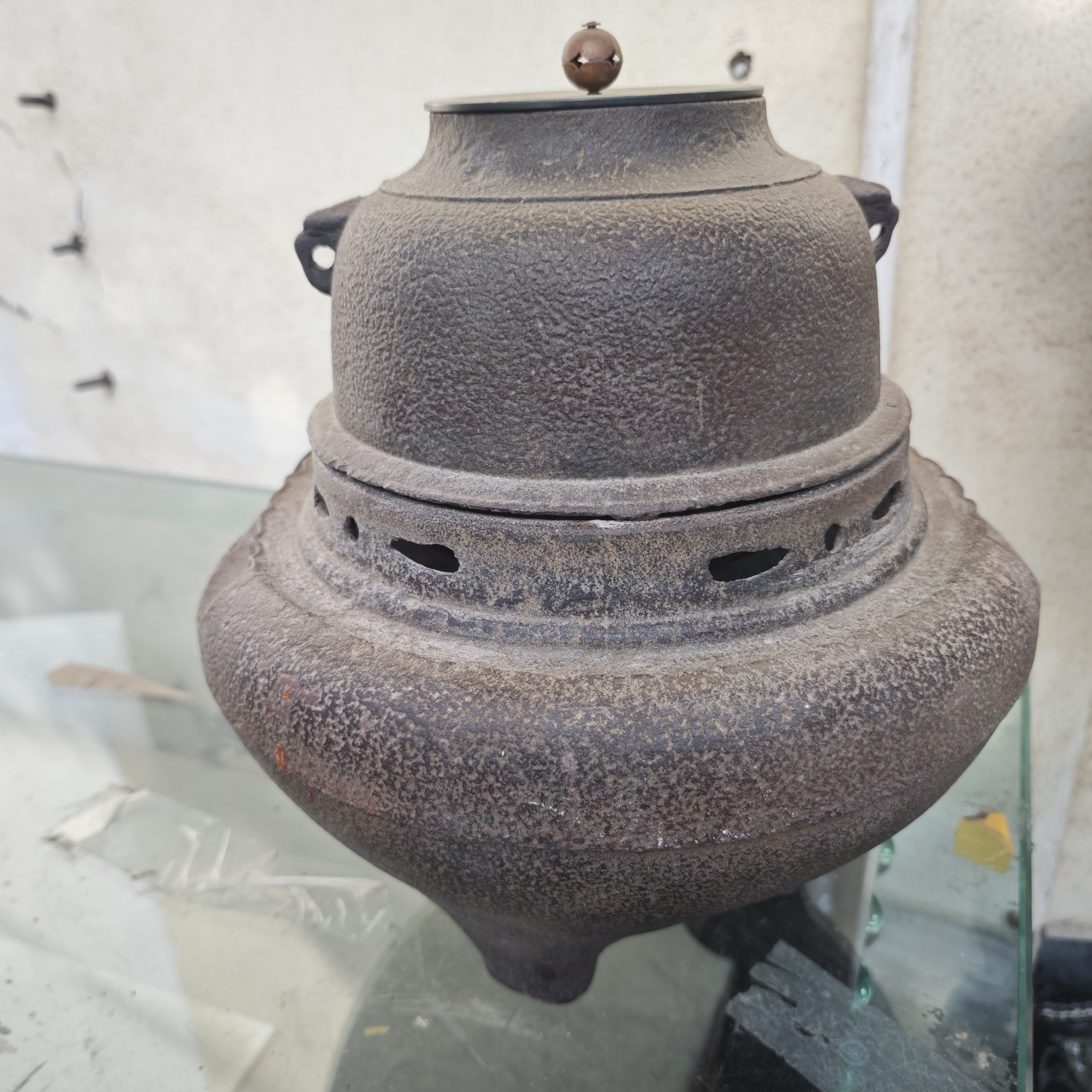 日本茶道用铁釜鬼面风炉 铜盖 茶亦居日本古美术L8