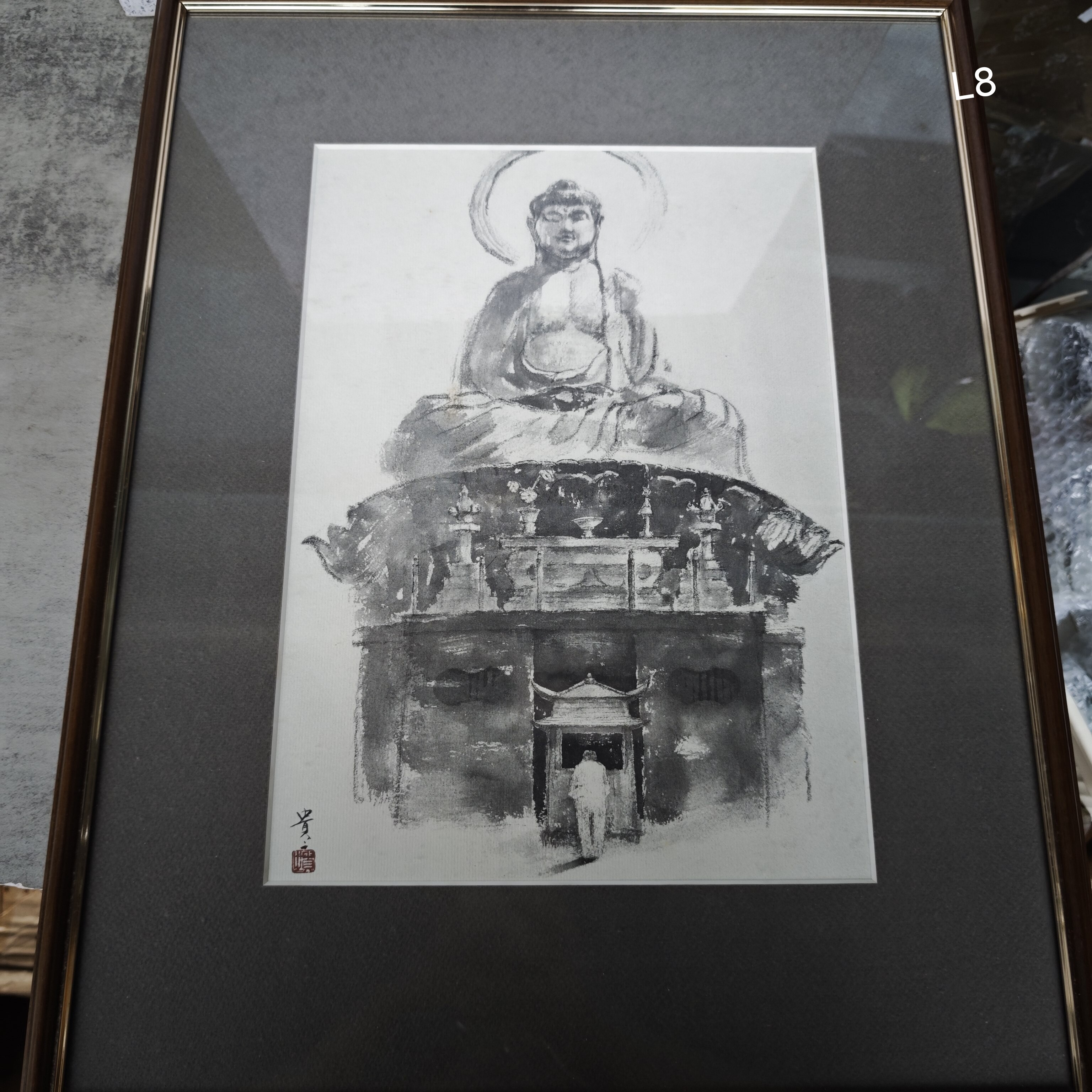 日本回流手绘水墨画 佛像 实木框 纸盒装 茶亦居日本古美术L8