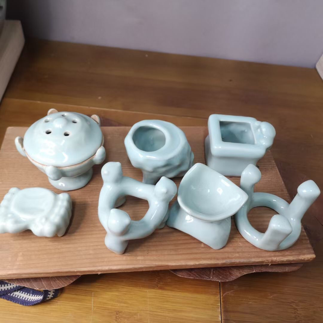 京烧名家 平安静山 青瓷盖置七种 木盒装 日本古美术茶道具BJ5