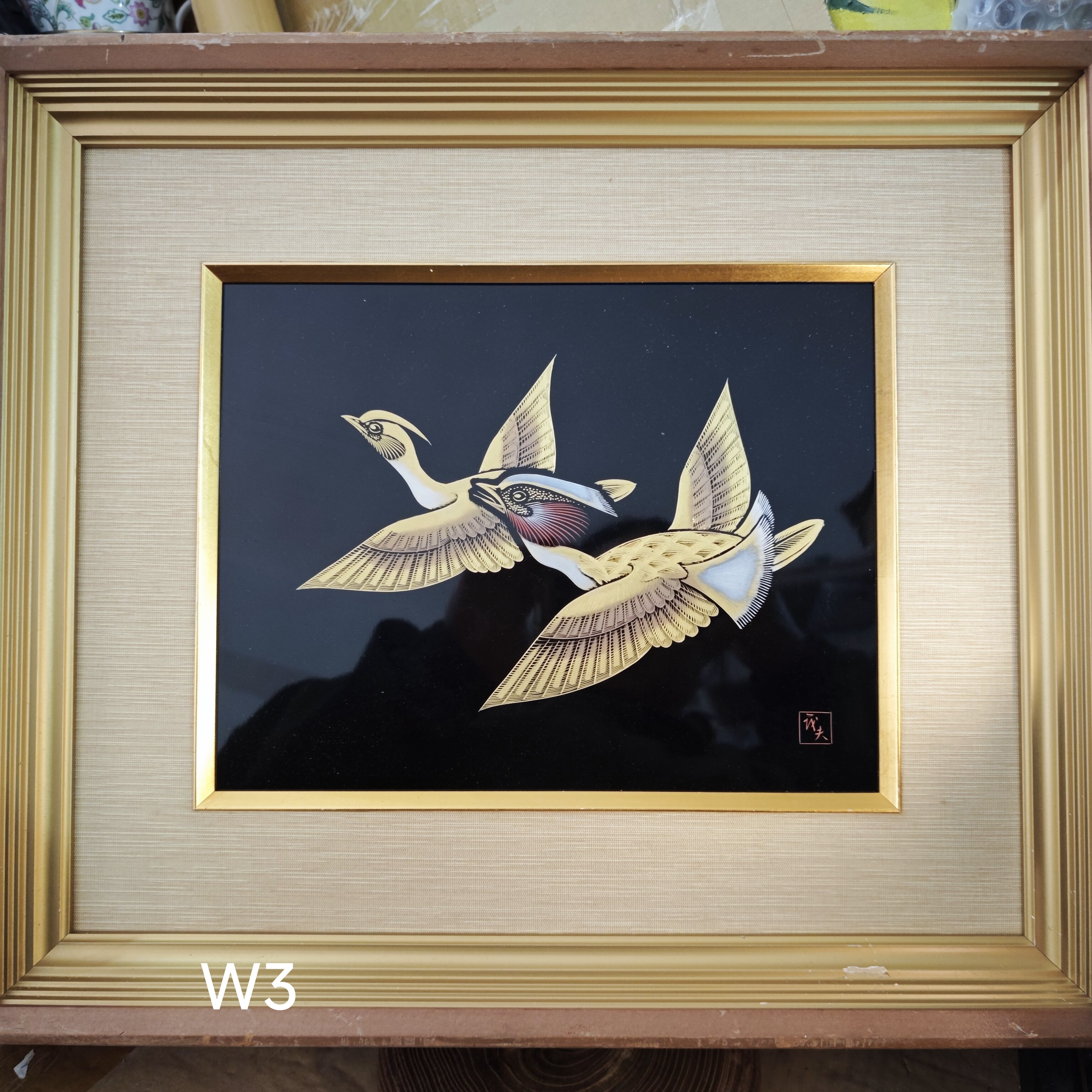 轮岛塗沈金工艺漆板画 木胎 手刻描金 木框 茶亦居日本古美术W3