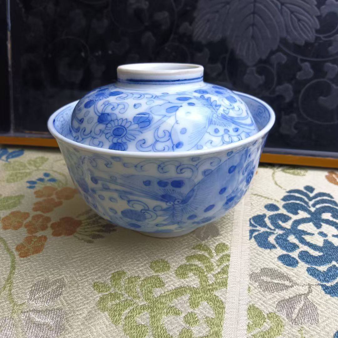 手绘老青花盖碗 花碟图 内绘麒麟 福字款 茶亦居日本古美术BJ4,餐饮具,盖碗,淘宝优惠券,粉丝福利购,淘宝优惠卷