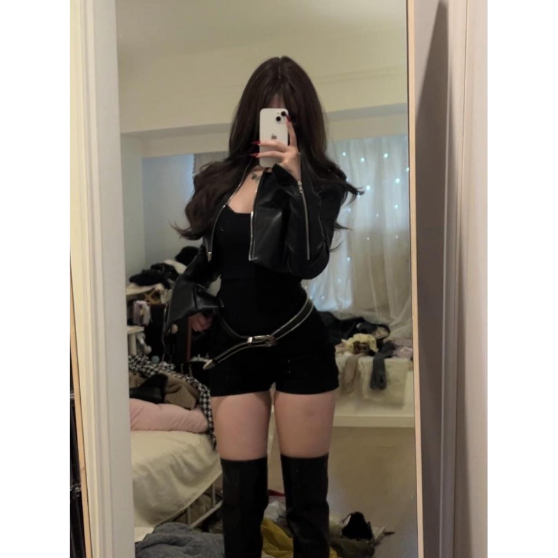 纯欲风套装女秋冬季辣妹短款皮衣短外套夹克收腰显瘦连体裤短裤潮