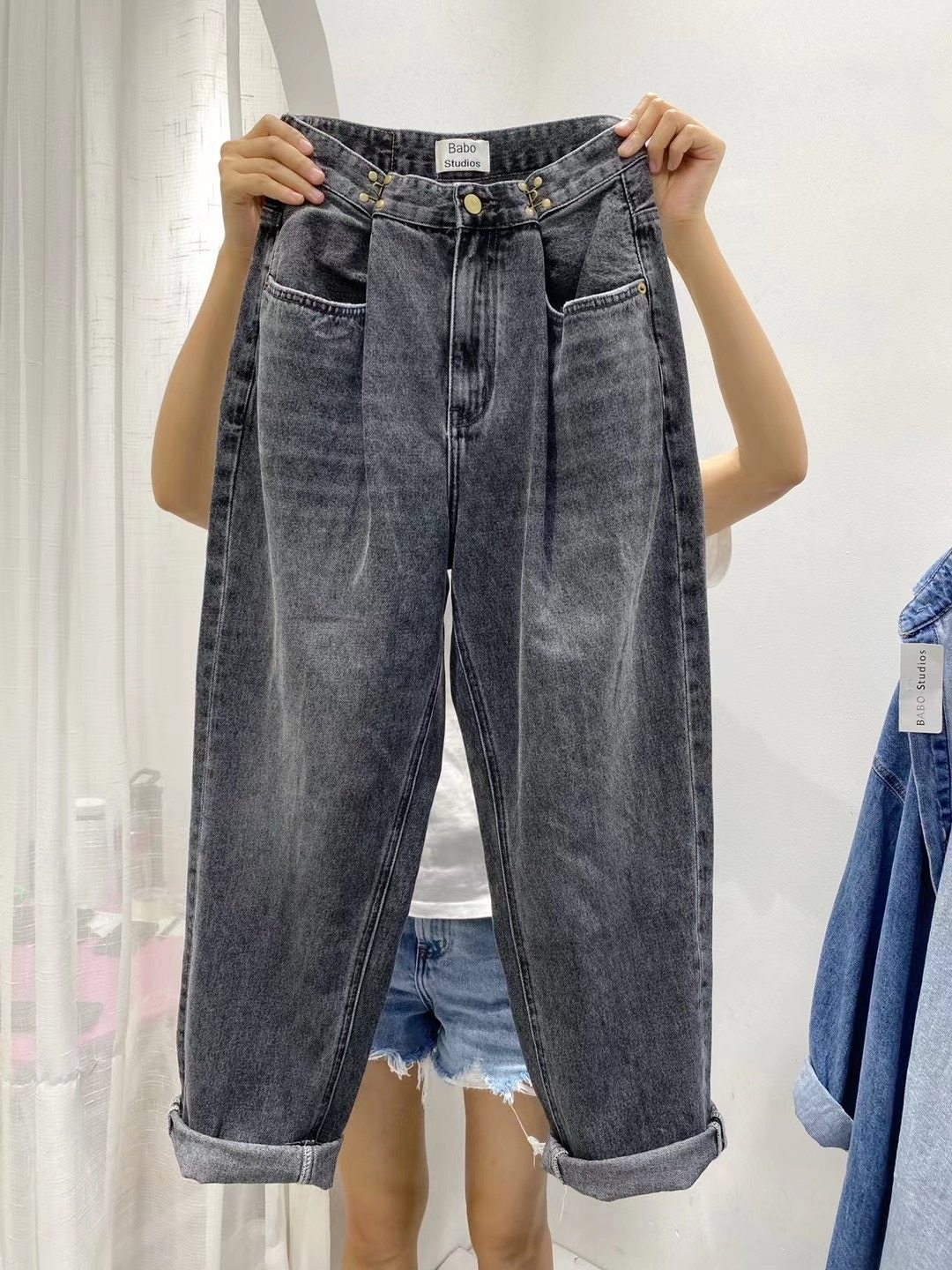 babo巴布烟灰色牛仔裤80506新款可调节高腰复古显瘦柔软老爹裤女