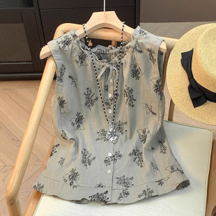 女装 文艺复古棉麻衬衫 胖mm亚麻印花系带背心夏季 无袖 新款 2025大码