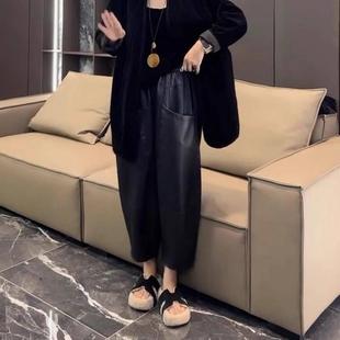 秋冬款大兜皮裤加绒保暖大码小个子九分休闲裤大码梨型身材直筒裤