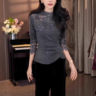 秋冬款法式轻奢蕾丝拼接长袖半高领打底衫修身简约通勤内搭上衣